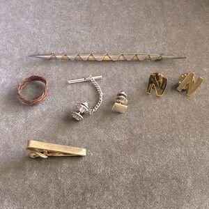 Lot of 7 Vintage Mens Jewelry Brass “N” pins - 3 tie pins, braid ring & tie clip